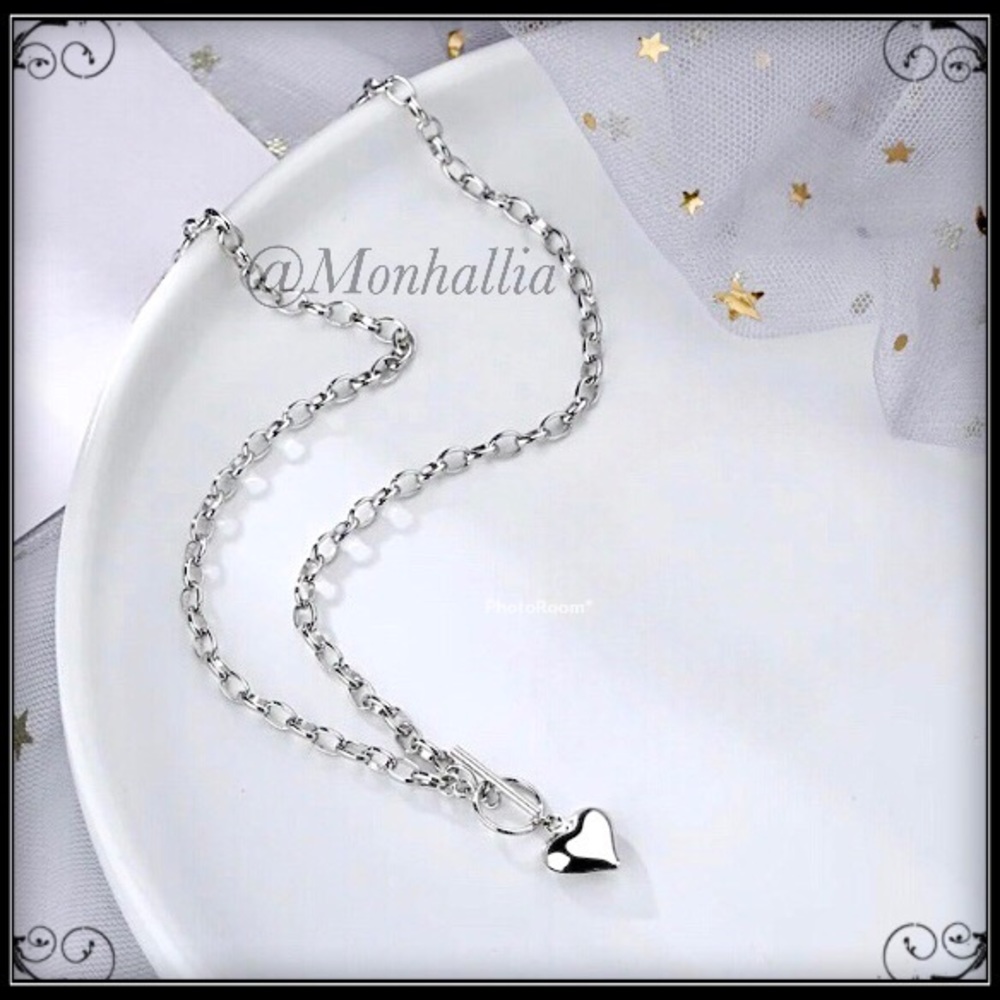 Clearance! NEW SILVER HEART LOCKET LINK CHAIN TOGGLE NECKLACE - Picture 3 of 3